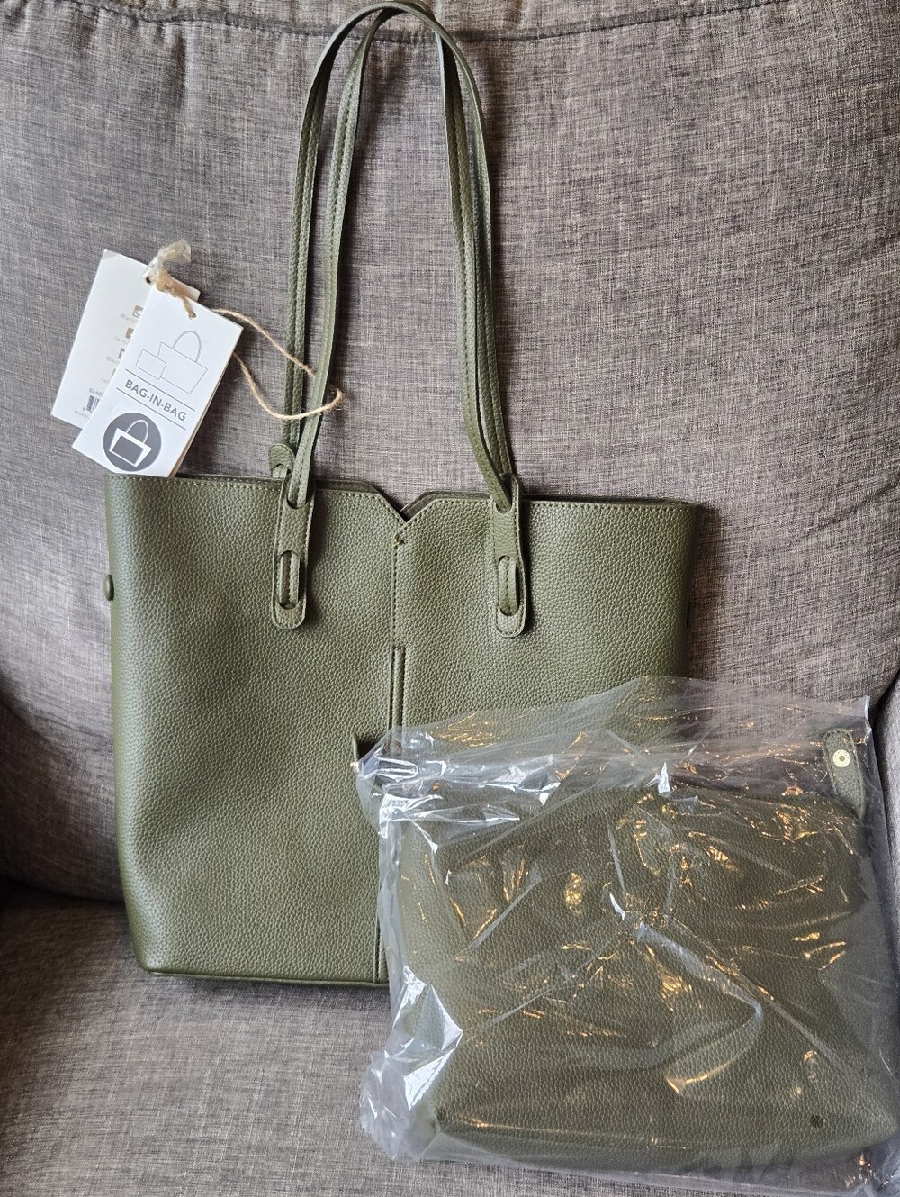 🔹 Antik Kraft Tote Bag Olive Green Pebbled BAG IN A BAG